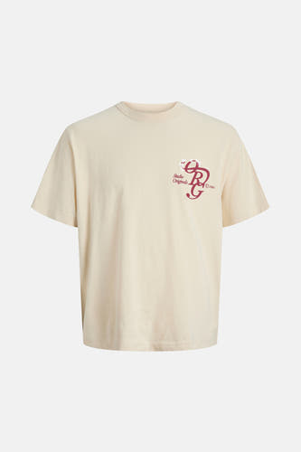 T-shirt écru à manches courtes d'ORIGINALS BY JACK & JONES, gros plan de la ligne du col avec détail de couture.