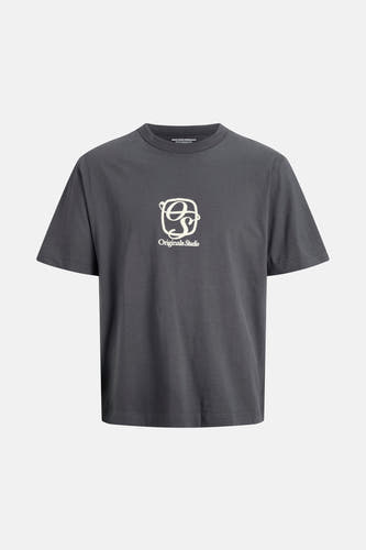 T-shirt gris à manches courtes d'ORIGINALS BY JACK & JONES, avec un logo abstrait blanc sur la poitrine.