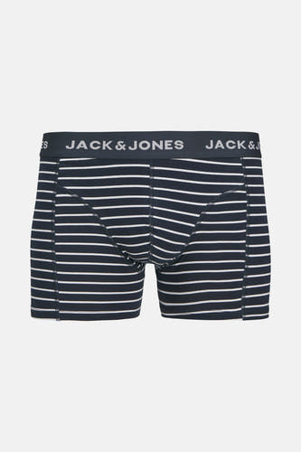 Boxer short bleu marine d'ACCESSORIES BY JACK & JONES, avec des rayures blanches et une ceinture élastique à logo.