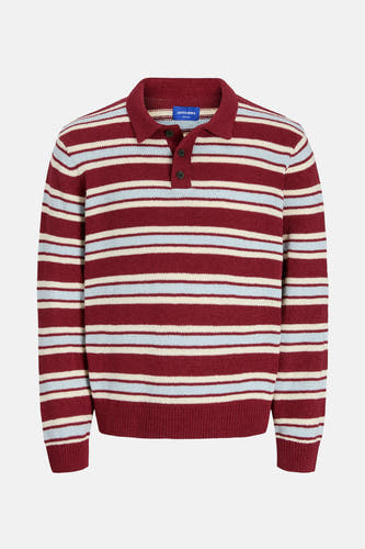 T-shirt rouge à col V d'ORIGINALS BY JACK & JONES, avec un motif rayé en rouge, beige et bleu clair.