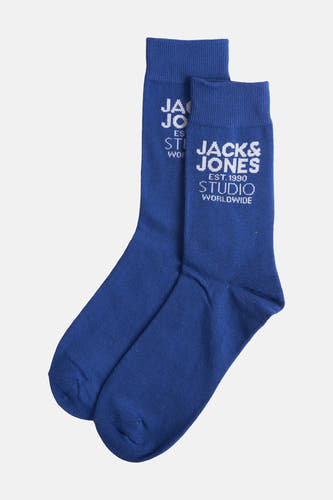 Chaussettes bleues d'ACCESSORIES BY JACK & JONES, avec une impression de logo blanc et des fines côtes.