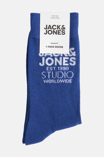 Chaussettes bleues d'ACCESSORIES BY JACK & JONES, avec un logo et du texte.