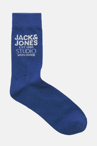 Chaussettes bleues d'ACCESSORIES BY JACK & JONES avec logo de marque blanc et texte.