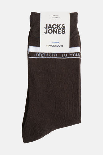 Chaussettes brunes d'ACCESSORIES BY JACK & JONES, avec une bande blanche et un imprimé texte, texture rayée.