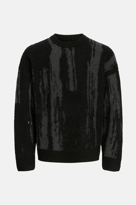 Sweat-shirt noir à col rond de CORE BY JACK & JONES, avec des rayures verticales grises abstraites.