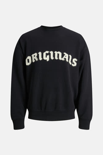 Gilet noir d'ORIGINALS BY JACK & JONES, avec un texte 'Originals' de couleur crème sur la poitrine.