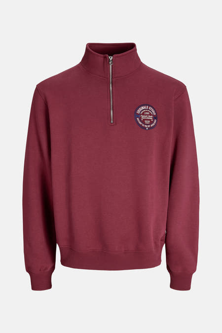 Gilet rouge d'ORIGINALS BY JACK & JONES, avec une fermeture à glissière courte et un patch logo rond sur la poitrine.