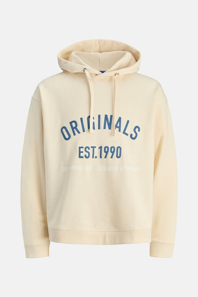 Gilet beige avec capuche d'ORIGINALS BY JACK & JONES, imprimé de texte 'Originals' et 'Est 1990' en bleu.