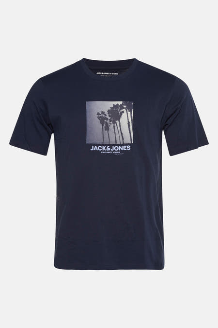 T-shirt bleu à manches courtes de CORE BY JACK & JONES, avec un imprimé de palmier carré sur la poitrine.