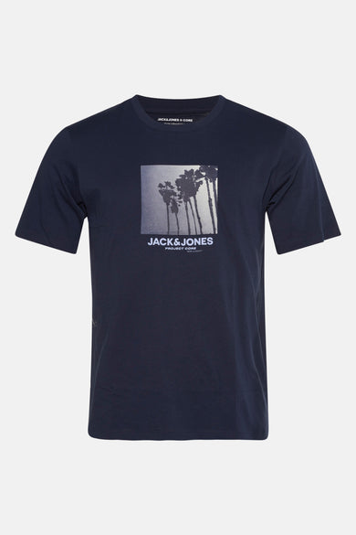 T-shirt bleu à manches courtes de CORE BY JACK & JONES, avec un imprimé de palmier carré sur la poitrine.