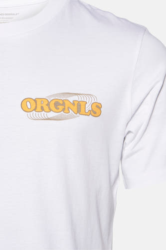 T-shirt blanc à manches courtes d'ORIGINALS par JACK & JONES, avec une impression graphique rétro sur la poitrine.