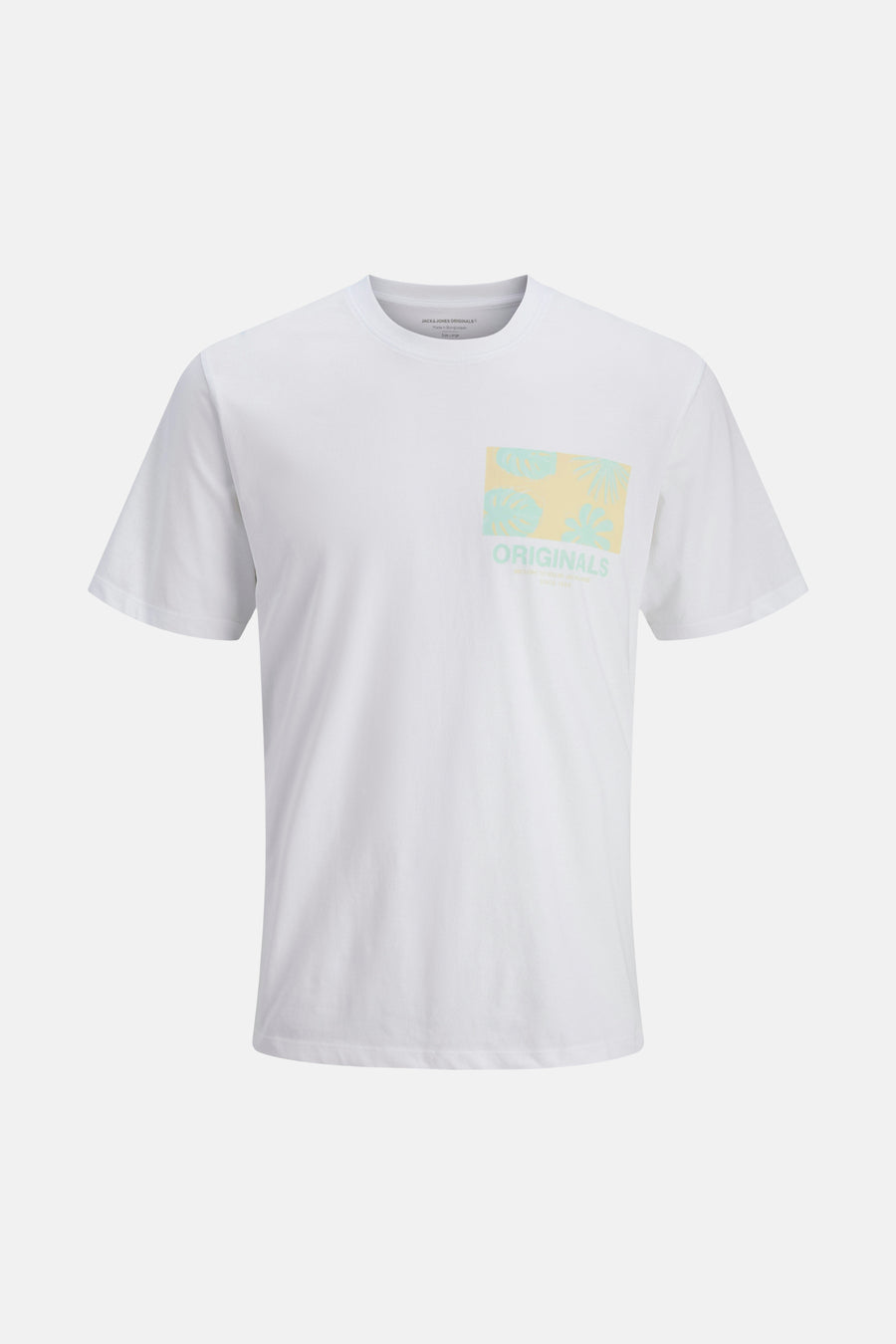 T-shirt blanc à manches courtes de ORIGINALS BY JACK & JONES, avec imprimé tropical et texte 'Originals'.