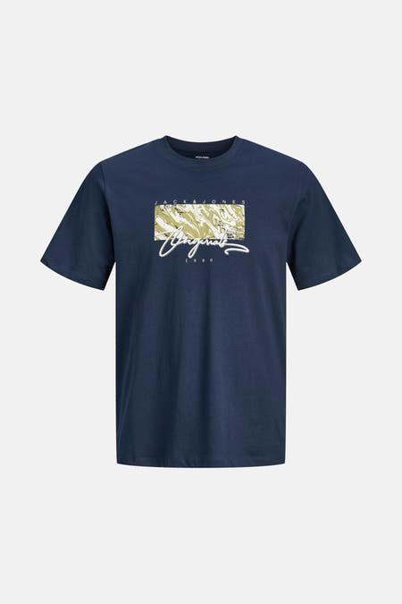 T-shirt bleu à manches courtes d'ORIGINALS par JACK & JONES, avec une impression graphique sur la partie avant.