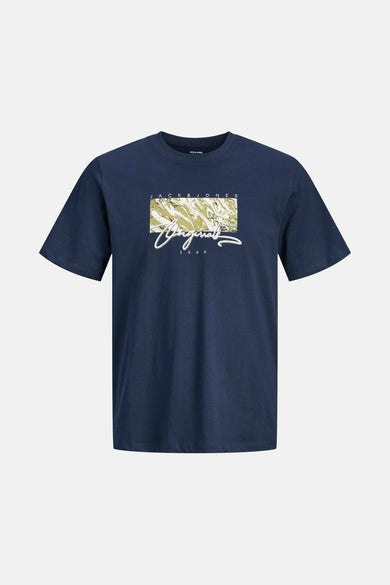 T-shirt bleu à manches courtes d'ORIGINALS par JACK & JONES, avec une impression graphique sur la partie avant.