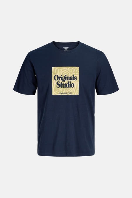 T-shirt bleu à manches courtes d'ORIGINALS BY JACK & JONES, avec une impression carrée portant le texte "Originals Studio".