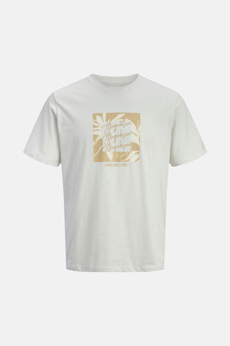 T-shirt écru à manches courtes d'ORIGINALS BY JACK & JONES, avec un imprimé carré beige et des motifs végétaux.