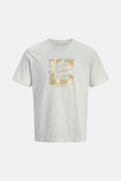 T-shirt écru à manches courtes d'ORIGINALS BY JACK & JONES, avec un imprimé carré beige et des motifs végétaux.