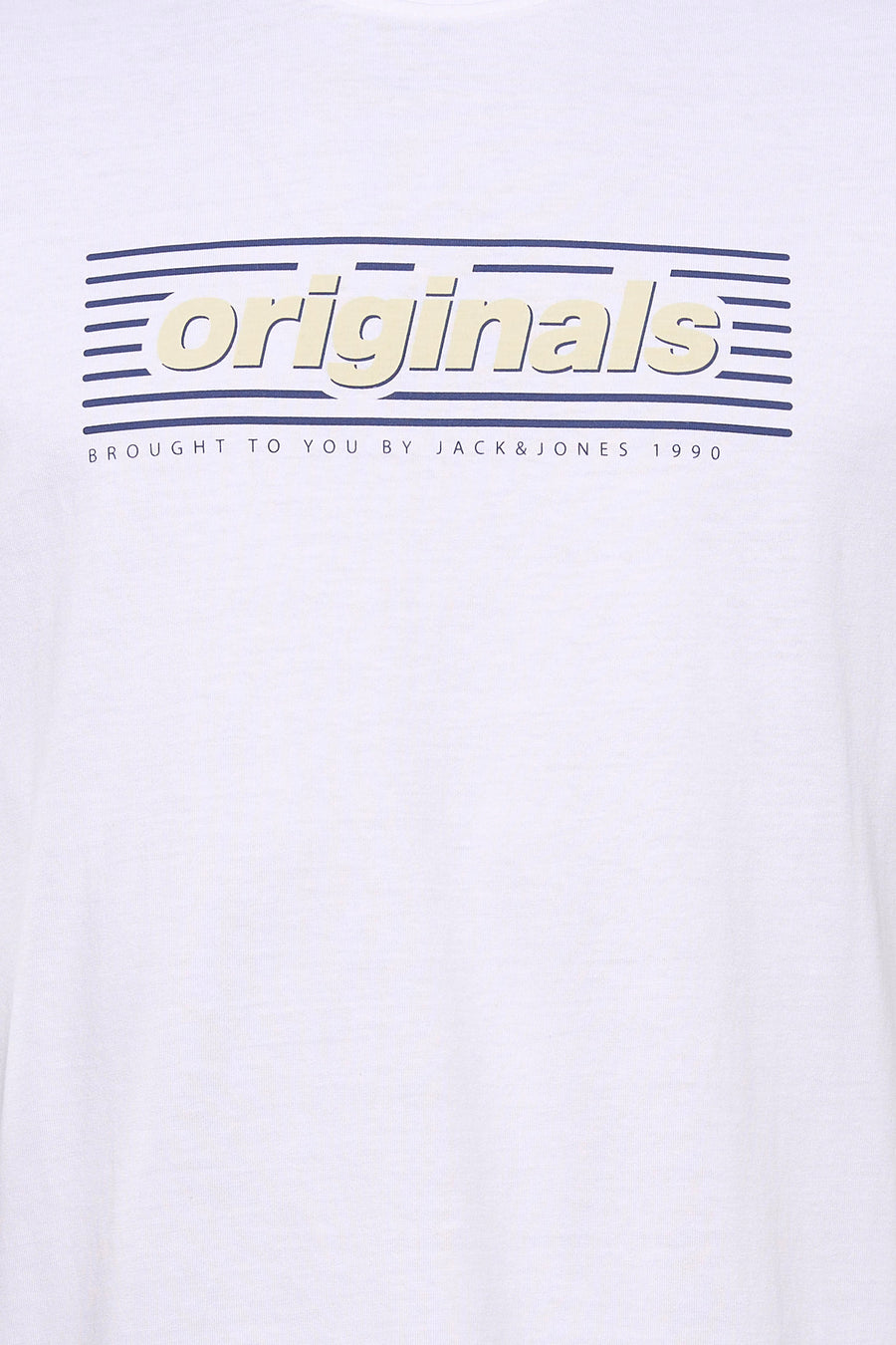 T-shirt blanc à manches courtes de ORIGINALS BY JACK & JONES, avec 'originals' et des lignes horizontales bleu marine et crème.