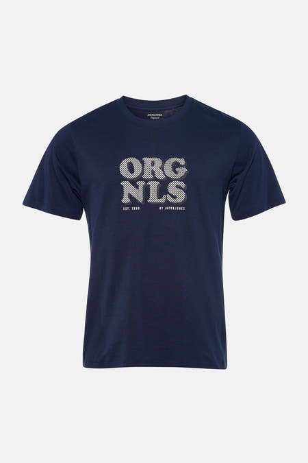 T-shirt bleu à manches courtes d'ORIGINALS BY JACK & JONES, avec une impression de texte rayée blanche sur la poitrine.