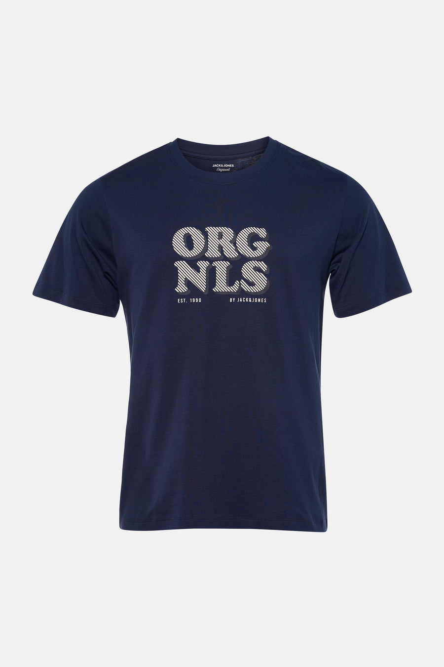 T-shirt bleu à manches courtes d'ORIGINALS BY JACK & JONES, avec une impression de texte rayée blanche sur la poitrine.