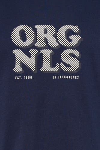T-shirt bleu à manches courtes d'ORIGINALS BY JACK & JONES, avec un motif de rayures diagonales blanches et une impression textuelle.