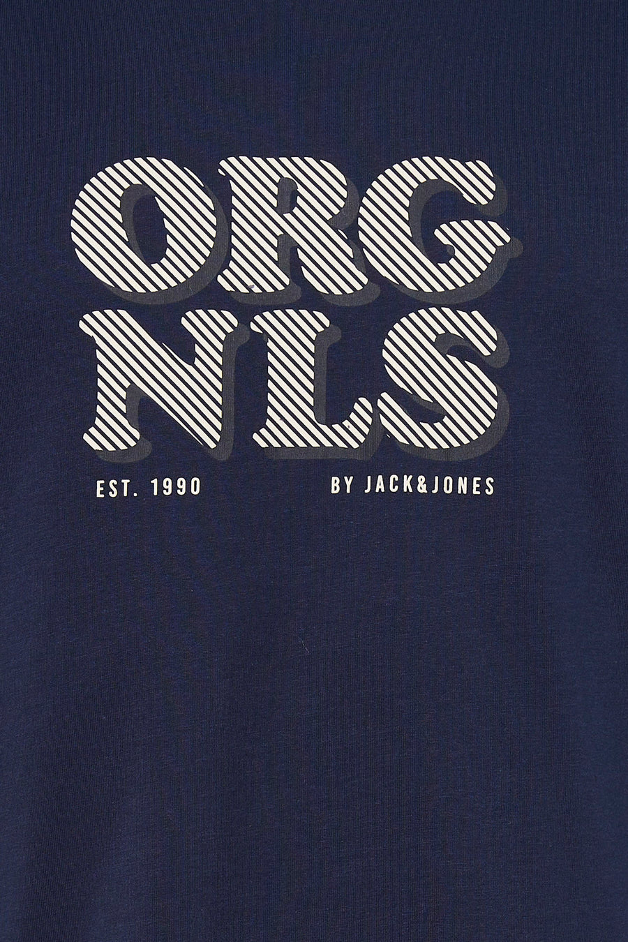 T-shirt bleu à manches courtes d'ORIGINALS BY JACK & JONES, avec un motif de rayures diagonales blanches et une impression textuelle.