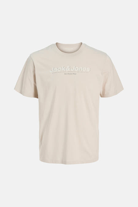 T-shirt beige à manches courtes de CORE par JACK & JONES, avec une impression graphique sur la poitrine.