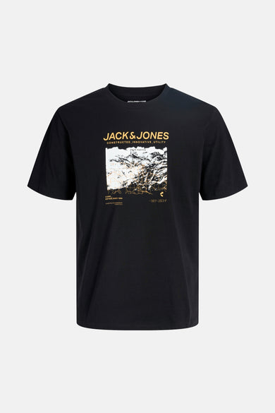 T-shirt noir de CORE BY JACK & JONES avec une impression graphique sur la partie avant.