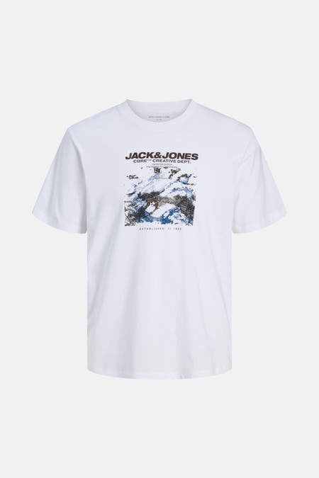 T-shirt blanc à manches courtes de CORE par JACK & JONES, avec une impression graphique sur l'avant.