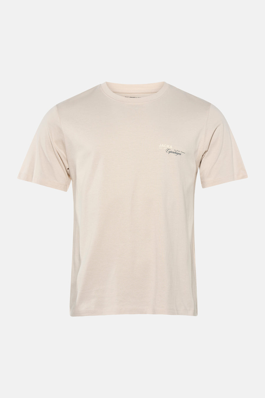 T-shirt beige à manches courtes de CORE by JACK & JONES, avec un petit imprimé texte sur la poitrine.