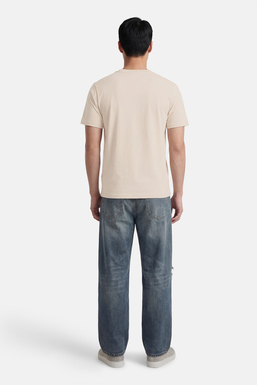 Beige T-shirt met korte mouwen van CORE BY JACK & JONES, achteraanzicht, gecombineerd met jeans en sneakers.