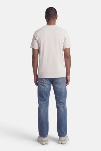 Grijs T-shirt met korte mouwen van CORE BY JACK & JONES, gedragen met blauwe jeans en sneakers, achteraanzicht.