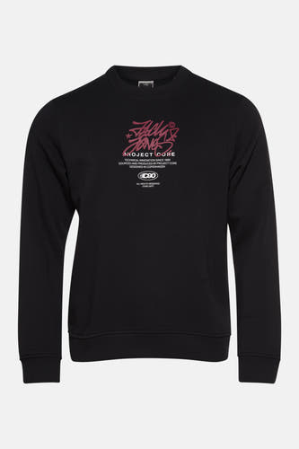 Gilet noir à col rond de CORE BY JACK & JONES, avec une impression graphique sur la poitrine.