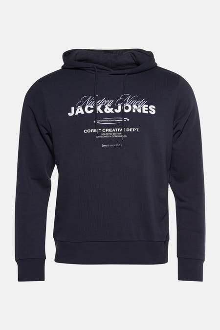 Pull-over bleu avec capuche de CORE BY JACK & JONES, doté d'une impression de texte blanche sur la poitrine.