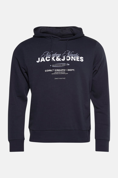Pull-over bleu avec capuche de CORE BY JACK & JONES, doté d'une impression de texte blanche sur la poitrine.