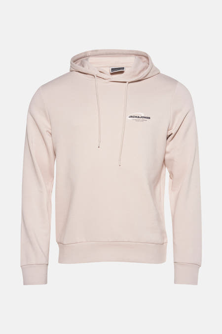 Gilet beige avec capuche de CORE by JACK & JONES, avec des cordons et un petit logo sur la poitrine.