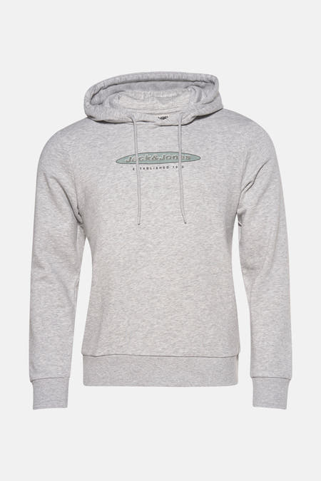 Hoodie gris de CORE par JACK & JONES, avec des manches longues, un capuchon et un logo sur la poitrine.