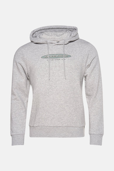 Hoodie gris de CORE par JACK & JONES, avec des manches longues, un capuchon et un logo sur la poitrine.