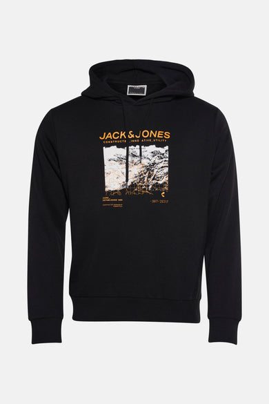 Gilet noir avec capuche de CORE by JACK & JONES, avec une impression graphique sur la poitrine.