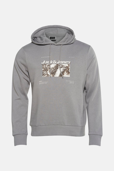 Pull-over gris avec capuche de CORE BY JACK & JONES, avec une impression graphique sur la poitrine.