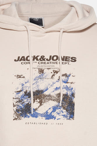 Gilet beige avec capuche de CORE by JACK & JONES, avec une impression graphique et des cordons.