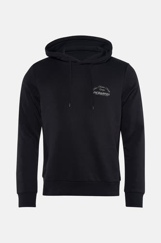 Gilet noir avec capuche de CORE par JACK & JONES, doté de cordons et d'une petite impression sur la poitrine.