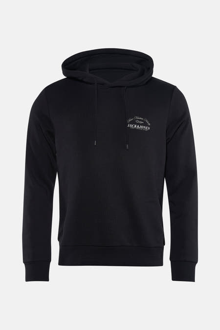 Gilet noir avec capuche de CORE par JACK & JONES, doté de cordons et d'une petite impression sur la poitrine.