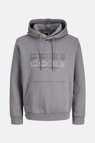 Gilet gris à capuche de CORE par JACK & JONES, avec une impression graphique sur la poitrine.