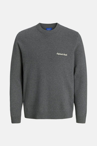 Sweat-shirt gris avec col rond d'ORIGINALS par JACK & JONES, en fine texture tricotée et imprimé textuel.
