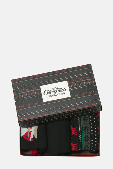 Ensemble de chaussettes noires cadeau ACCESSORIES BY JACK & JONES, avec des dessins à thème de Noël dans la boîte.