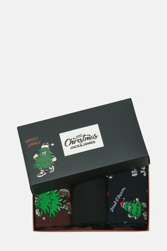 Chaussettes multicolores de Jack & Jones, dans une boîte-cadeau avec imprimé sapin de Noël et texte "Holly Jolly".