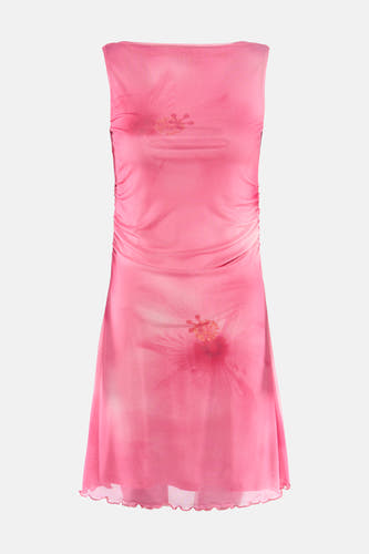 Robe sans manches rose de JJXX en maille transparente à imprimé floral, côtés plissés et ourlet ondulé.