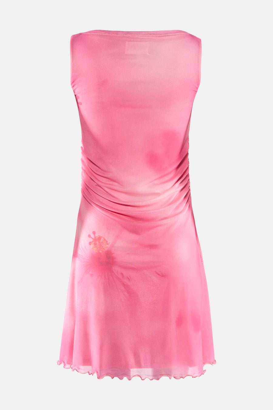 Robe sans manches en maille rose de JJXX avec côtés froncés, ourlet ondulé et imprimé floral subtil, vue arrière.