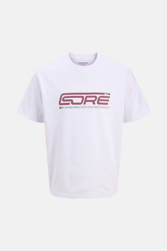 T-shirt blanc à manches courtes de CORE BY JACK & JONES, avec un imprimé frappant sur la poitrine.